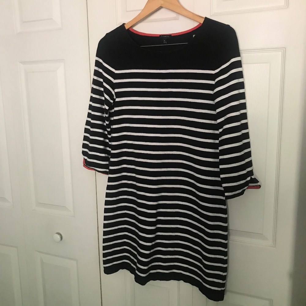 Talbots black & white striped thick 100% cotton knit dress M nautical